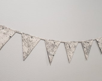 Airplane and world map beige and gray bunting banner, atlas bunting, nursery decor