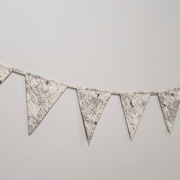 Airplane and world map beige and gray bunting banner, atlas bunting, nursery decor