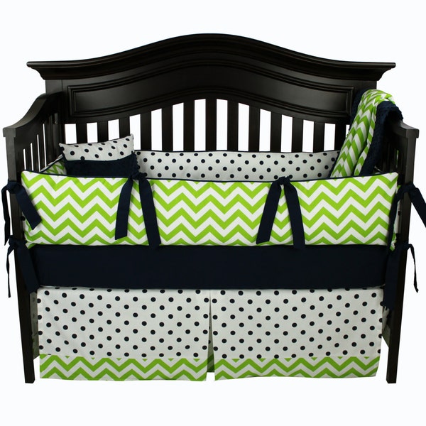 SALE! ANTHONY 5 pc Baby Boy Crib Bedding Set | Green Chevron and Navy Polka Dots