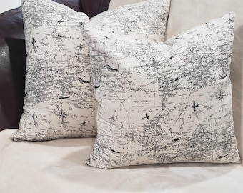 Vintage Airplane World Map Pillow Cover: Aviation Nursery Decor, Travel and Adventure.