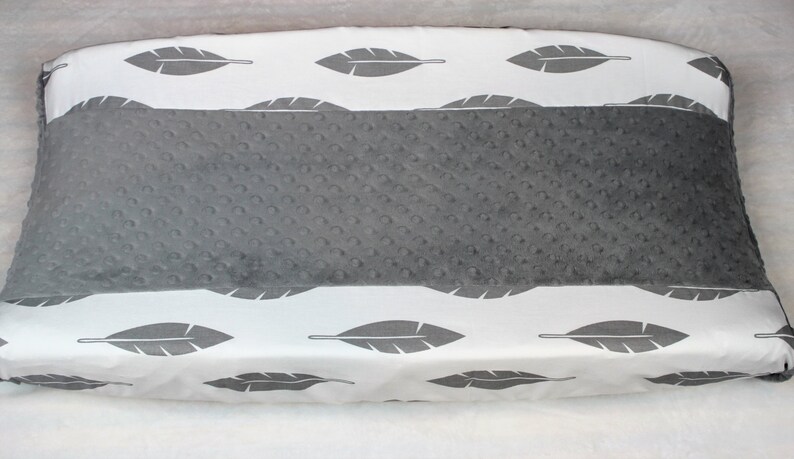 Gray and White Gray Feather and Gray Minky Changing Pad Cover