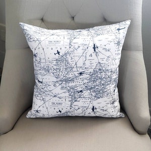 Airplane and world map pillow cover, navy blue and white, aviation decorative pillow, Cushion cover, nursery, travel adventure decor, atlas