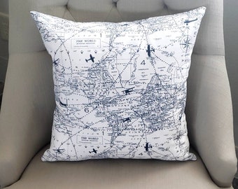 Navy Airplane World Map Pillow Cover: Aviation Nursery Decor, Travel and Adventure.