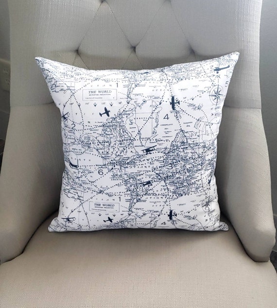 Airplane and World Map Pillow Cover Navy Blue and White Aviation Decorative Pillow Cushion Cover Nursery Travel Adventure Decor Atlas Etsy