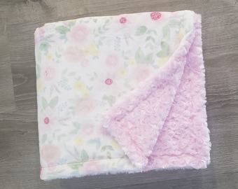 Floral minky Baby Blanket, summer,  snuggle, girl nursery, adventure, explore, summer, warm, cabin, rosette minky, pink, cozy, soft, flowers