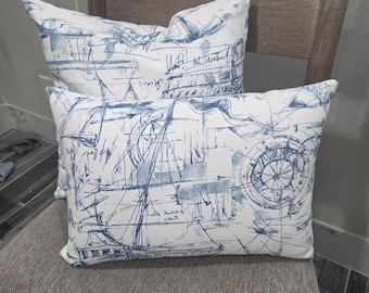 Nautical Pillow Cover: Coastal Nursery Decor, Blue and White, Travel and Adventure.