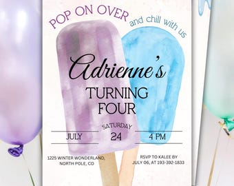 Invitación de cumpleaños "Pop On Over and Chill", verano, texto editable, fiesta de paletas, descarga digital, imprimible, plantilla personalizable