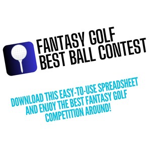 May include: A graphic for a fantasy golf contest. The image features the text "FANTASY GOLF BEST BALL CONTEST" in black, with additional text in blue. A golf ball icon is in the upper left corner.