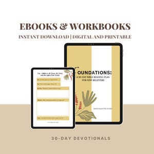 May include: A digital download of a 30-day devotional workbook with a leafy green and red floral design. The title is "Foundations: A 30-Day Bible Reading Plan for New Believers".