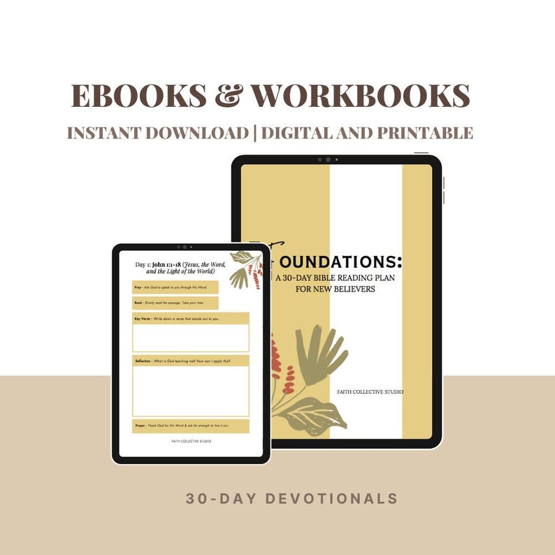 May include: A digital download of a 30-day devotional workbook with a leafy green and red floral design. The title is "Foundations: A 30-Day Bible Reading Plan for New Believers".