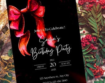 Invitation d'anniversaire chic avec noeud rouge, invitation à une soirée glam, modèle de toile modifiable (téléchargement numérique)