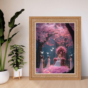 Verwunschene Feenkönigin im Kirschblüten-Wald – Fantasy Wand-Kunst zum Ausdrucken | Digitaler Download
