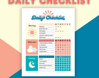 Puede incluir: Una lista de verificación diaria imprimible con un fondo amarillo claro y un diseño geométrico turquesa y azul. La lista de verificación incluye tareas de la mañana, la tarde y la noche, con casillas de verificación para cada día de la semana.
