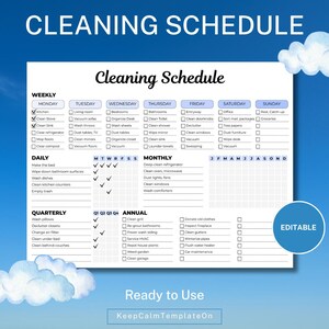 Wöchentlicher, monatlicher, jährlicher Reinigungsplan | Druckbare Checkliste für die Reinigung | Putzplan | Bearbeitbarer Planer | ADHD Organizer