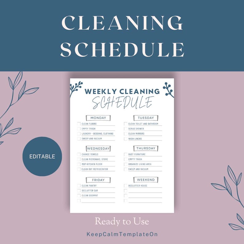 Weekly Cleaning Schedule: Editable Chore Chart (printable PDF) - Etsy