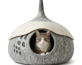 Felt Cat House Pointed Roof | Wool Pet Cave | Handmade Cat Cocoon | Eco Gift for Cat Lovers