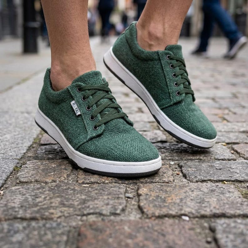 May include: Green trainers with white soles and dark green laces. The shoes have a textured fabric upper and a low-profile design. The shoes are shown on a cobbled street. The brand name "ROYAL" is visible on the side of the shoe.