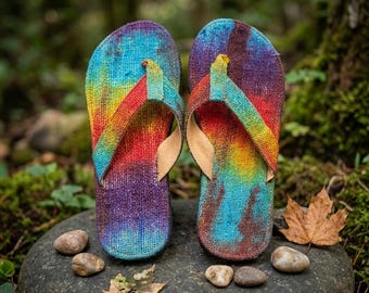 Handmade Hemp Flip Flops: Natural Dye Rainbow Mens Sandals, Vegan Summer Beach Footwear