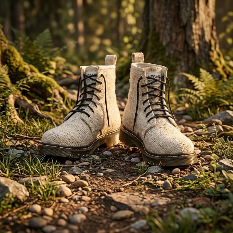 May include: A pair of beige, textured fabric lace-up boots with black laces, dark brown soles, and a pull tab at the heel. A small white label on the tongue of each boot features the text "VEGAN HANDMADE" in black lettering.
