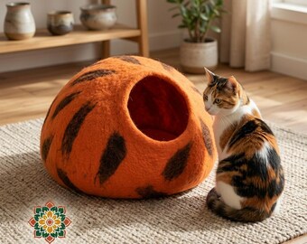 Felt Cat Cave, Wool Cat Bed, Felt Cat Cave Bed – Handmade Pink Orange Cat Cave
