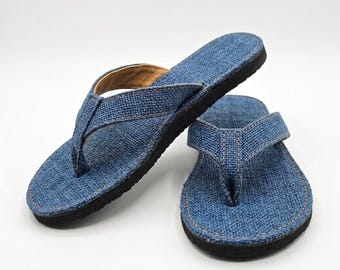 Blue Dye Hemp Slippers, Vegan Barefoot Flip Flops, Eco Friendly Summer Sandals, Organic Indigo House Shoes Men Women Plastic Free Slides