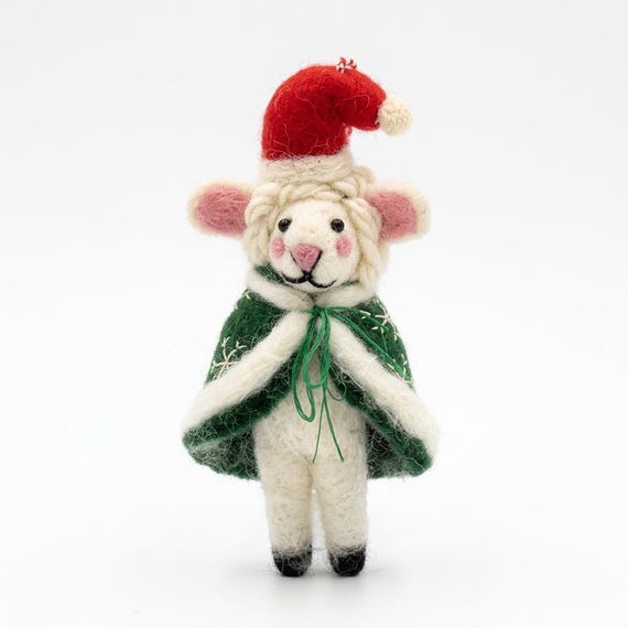 Felt Sheep Christmas Bauble, Winter Cape Tree Decor, Handmade Wool Animal Ornament, Novelty Xmas Gift, Green Snowflake C