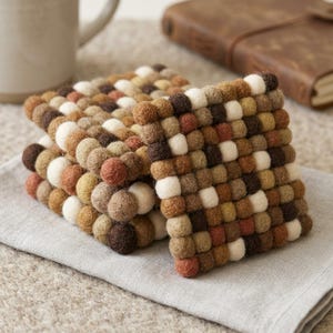 Brown Earth Mix Wool Felt Coasters Set of 4, Felt Ball Drink Coasters, Round Square Hexagon, Host Gift