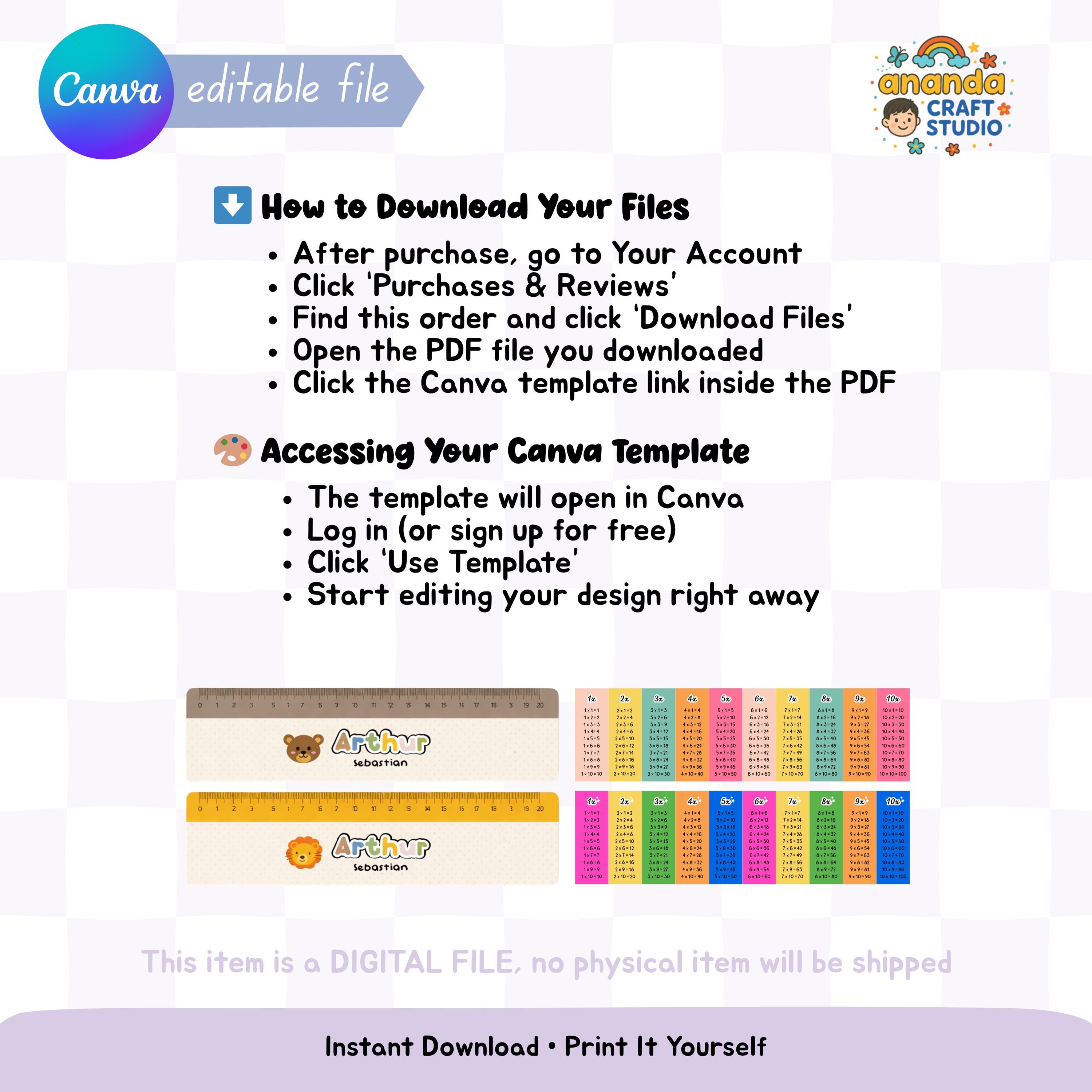 Kids' School Ruler Template, Printable Multiplication Table (digital ...