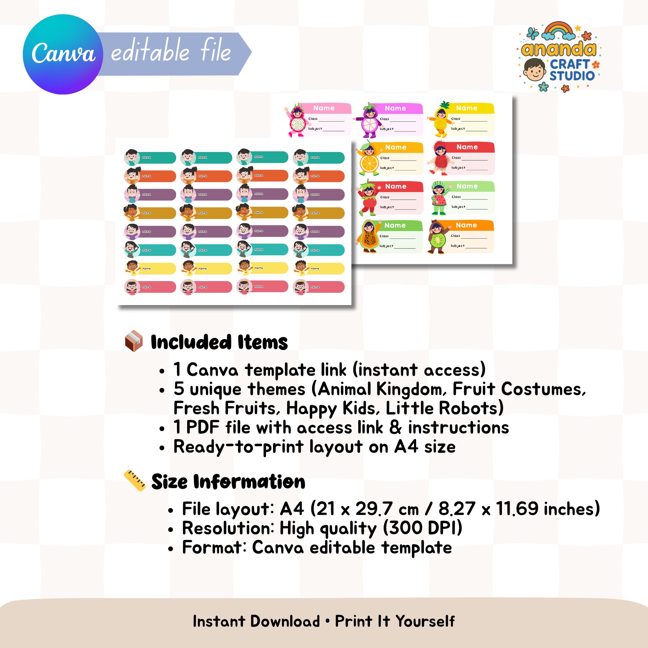 Kids School Name Sticker Labels, Printable Canva Template (digital File ...