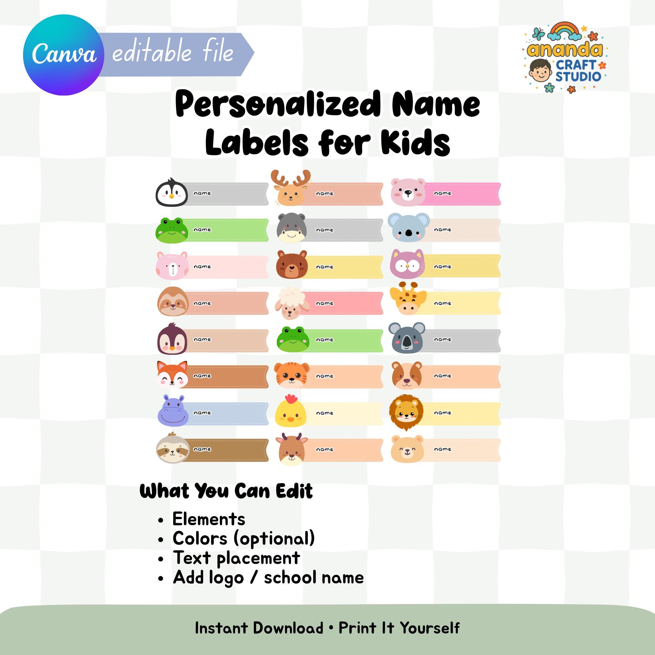Kids School Name Sticker Labels, Printable Canva Template (digital File ...