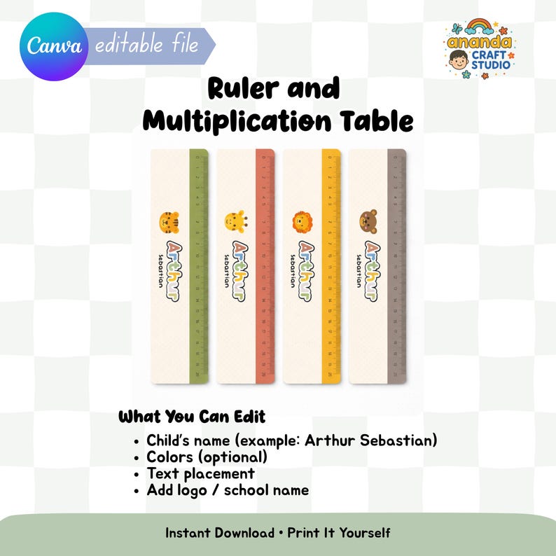 Kids' School Ruler Template, Printable Multiplication Table (digital ...