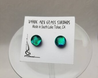 Emerald green dichroic stud earrings, small post earrings, stainless steel post and back, Sterling post available, green glass earrings
