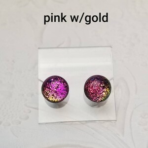 Dichroic Glass Earrings, Mini Dichroic Earrings, Dichroic Post Earrings, Small Dichroic Earrings, Stud Earrings Pink w/gold