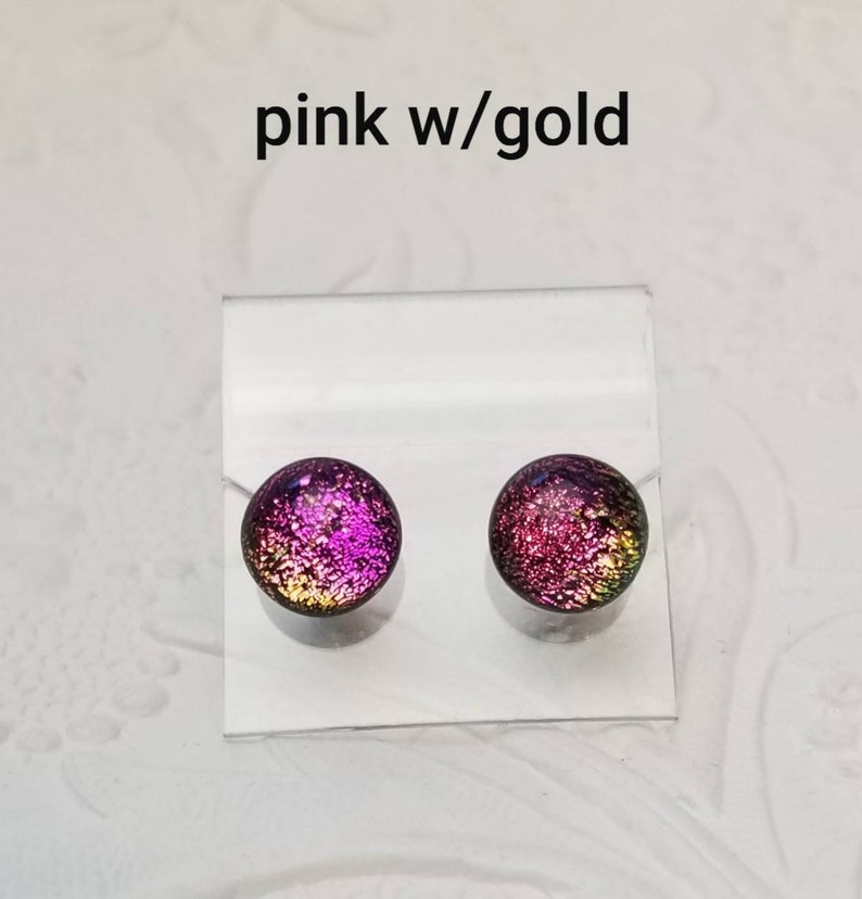 Dichroic Glass Earrings, Mini Dichroic Earrings, Dichroic Post Earrings, Small Dichroic Earrings, Stud Earrings Pink w/gold