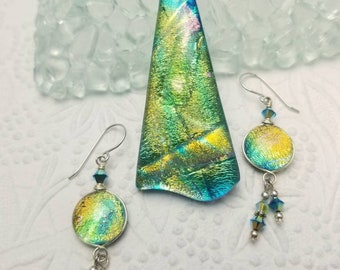 Dichroic glass pendant and dangle earring set, bright lime green, turquoise, gold, unique triangle shape, Swarovski crystals, chain included