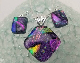 Dichroic glass pendant and earrings, purple dichroic jewelry, heart bail, chain included, rectangular dangle earrings, diamond shape pendant
