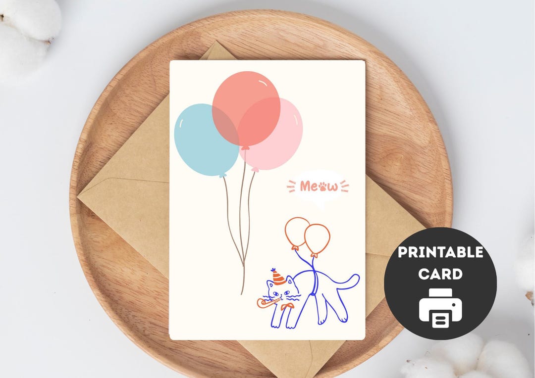 Funny Cat Birthday Card Printable | Minimalist "meow" Line Art Instant ...