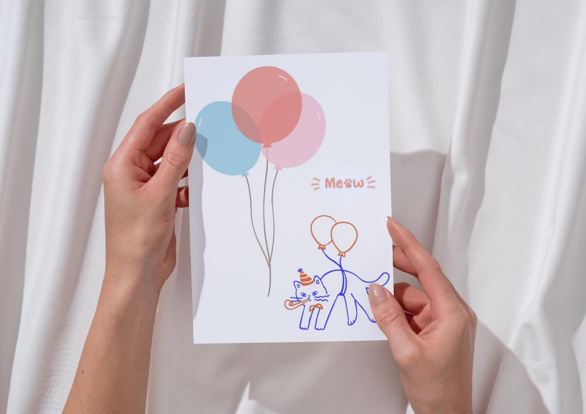 Funny Cat Birthday Card Printable | Minimalist "meow" Line Art Instant ...