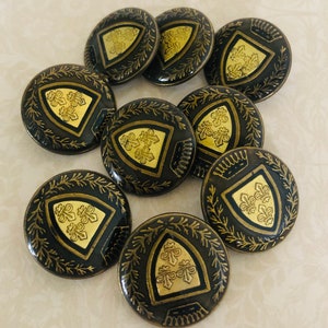 Buttons, 9 Black And Gold, Coat Of Arms, 3/4”, Shank Type
