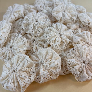 May include: A collection of ivory-colored lace rosettes. Each rosette is circular with a gathered center, creating a flower-like appearance. The lace has an open, delicate pattern. These decorative elements are suitable for various craft projects.