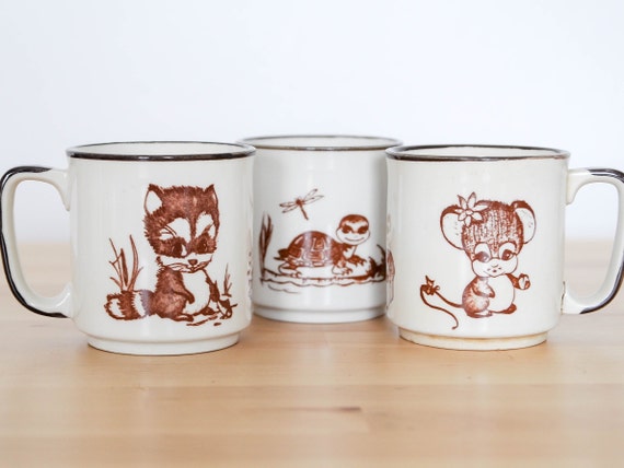 Wildlife Animal Mugs Set Of Three Racoon Turtle Mouse Cute Etsy