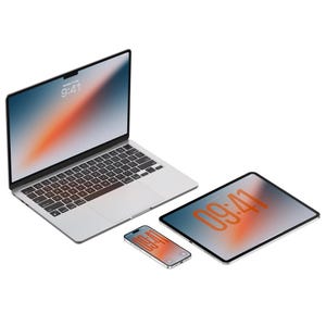 Könnte beinhalten: Ein silberner Laptop, ein Tablet und ein Smartphone werden gezeigt. Der Laptop-Bildschirm zeigt "9:41" mit einem orange-weißen Farbverlauf. Das Tablet und das Smartphone zeigen ebenfalls "09:41". Alle Geräte befinden sich auf weißem Hintergrund.
