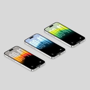 Puede incluir: Tres smartphones plateados con pantallas negras y pantallas degradadas que muestran la hora. Las pantallas muestran la hora 09:41 en degradados naranja, azul y verde. Los teléfonos están en ángulo sobre una superficie gris claro.