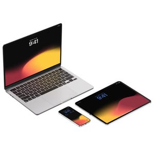May include: A silver laptop, tablet, and smartphone are displayed on a white background. Each device shows a black screen with a gradient of yellow, orange, and red. The time 9:41 is displayed on each screen.
