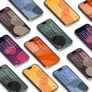 May include: Multiple smartphones with various colorful abstract wallpapers are displayed at an angle. Each phone shows the time 09:41 on the screen. The phones have silver frames and a sleek, modern design. The wallpapers feature shades of orange, green, blue, purple, and brown.