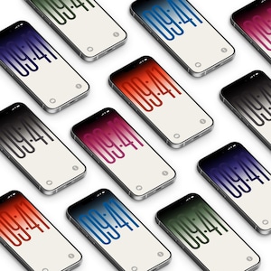 May include: A collection of smartphones arranged in a grid, each displaying a light-colored screen with the time 09:41 in a large, bold, gradient-colored font. The gradient colors vary across the devices, including red, blue, green, and purple.