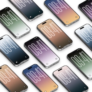 Op de afbeelding: Een verzameling smartphones gerangschikt in een isometrisch rasterpatroon. Elk apparaat heeft een eigen achtergrond met kleurverloop in verschillende kleuren, waaronder blauw, groen, oranje en paars, met de tijd 09:41 weergegeven in een groot wit lettertype.