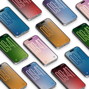 Pode incluir: Uma coleção de smartphones dispostos em grade, cada um exibindo um papel de parede degradê exclusivo e um grande relógio digital marcando 09:41. Os dispositivos possuem bordas finas, um recorte para câmera frontal e uma estrutura metálica.