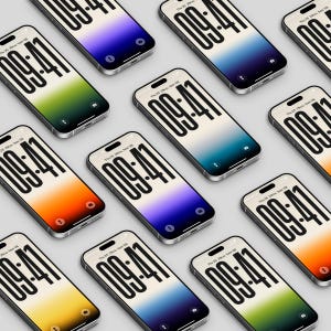Può includere: Una collezione di smartphone con schermi che mostrano l'ora 09:41, ognuno con uno sfondo sfumato di colore diverso. I colori includono verde, arancione, blu e viola. I telefoni hanno cornici argentate e sono disposti a griglia.