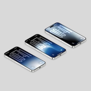 May include: Three smartphones with silver frames are displayed at an angle. Each phone's screen shows a digital clock displaying 09:41 in white font against a gradient blue and black background. The phones are arranged on a light gray surface.